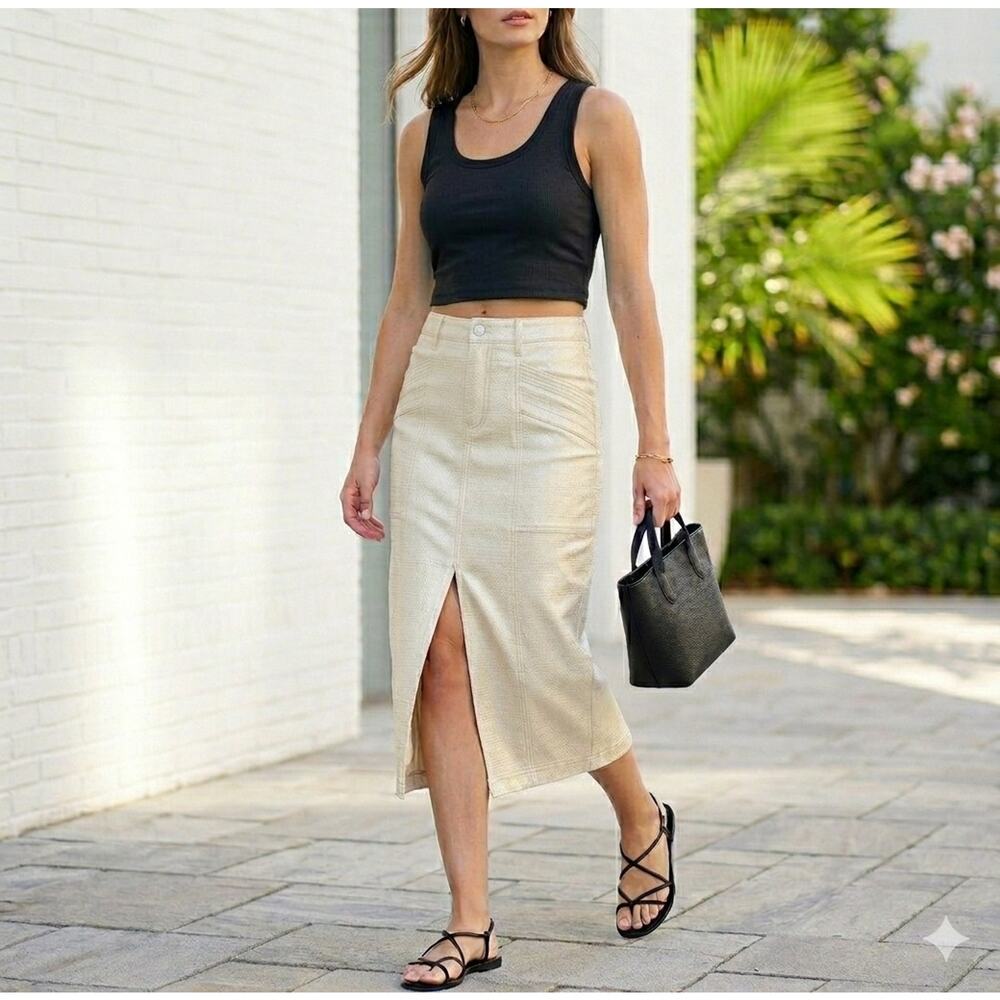 HABITUAL Ivory Metallic Coated Denim Midi Skirt Women's 2/26 Front Slit Shimmer